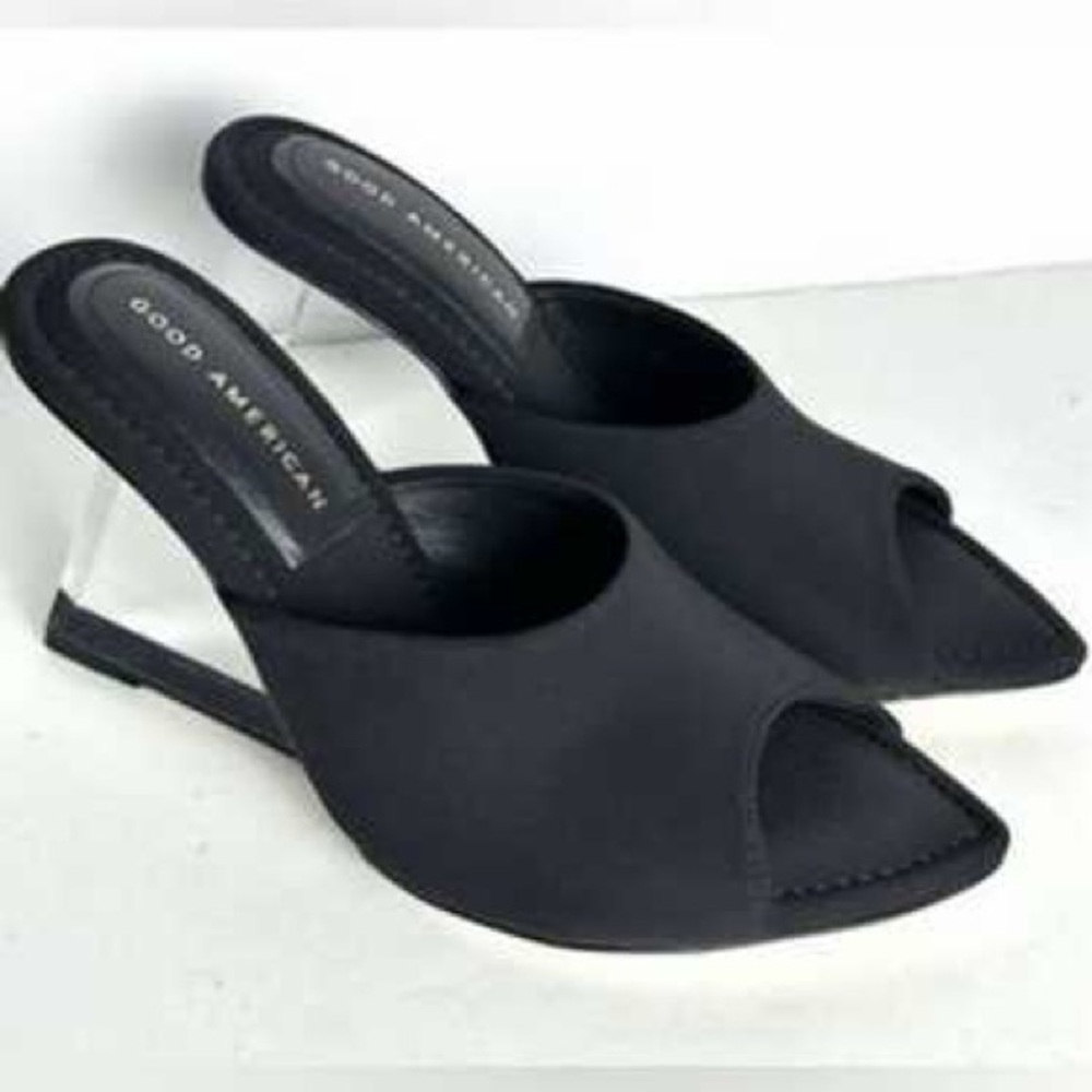 Good American Black Peep-Toe Slingback Mules